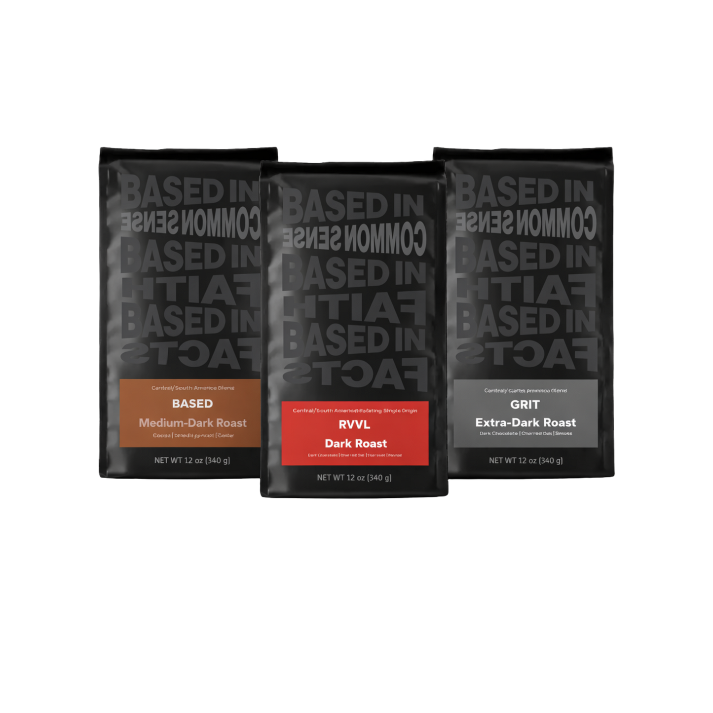 The Bold Bundle - 3x Whole Bean, 12oz Bags - GRIT (Extra Dark) , RVVL (Dark) , BASED (Medium-Dark)